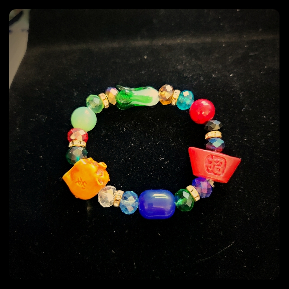 Asian symbol Glass Beaded Stretch Bracelet